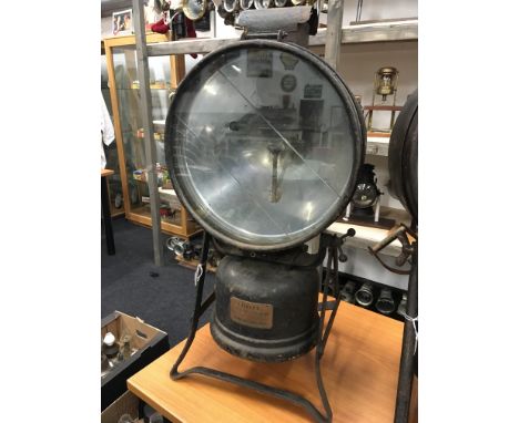 Mid 20th Century Tilley (Hendon, England) Floodlight Projector Lamp with three piece sectional glass lens marked 'Tilley- Hen