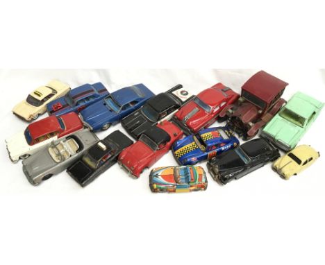 Quantity of tinplate cars, mostly Japanese, includes Bandai MG Magnette (length 21cm), Yonezawa (Japan) Rolls Royce (length 2