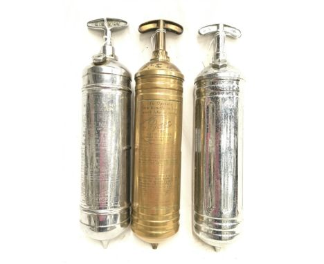 Three vintage fire extinguishers: 'Auto Minimax' Hand Pump Type D Major, length 36cm; 'Tetra' Carbon Tetrachloride Hand Pump,