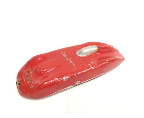 Minimodels MG Record Car: tinplate model in red with 'Goldie Gardner' in script to top, giro motor and rubber wheels. Length 