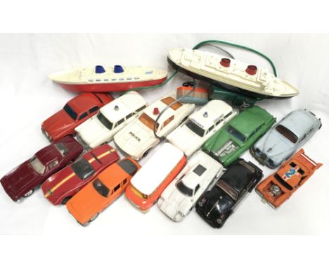 Quantity of plastic vehicles by Mettoy and others, includes Playart battery operated Police car (length 25cm), Marx Ambulance