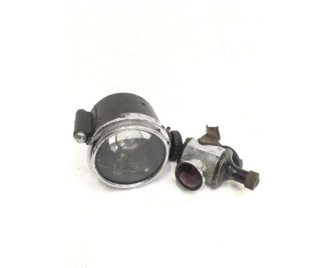Two electric bike lamps: Joseph Lucas & Co. Ltd. headlight, lens diameter 8.2cm; Bemo rear red tail light with bracket attach