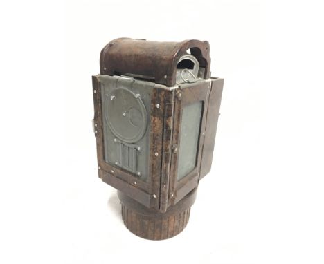 World War II German Bakelite carbide lantern, c.1939-45, with clear glass lens and metal blackout covers. Height 22.7cm. Lack