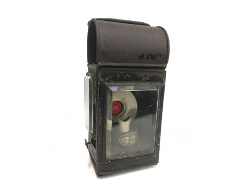 Bartons Burner Co. (Birmingham) lamp with beveled glass to front and side, small red rear lens, burner marked 'Barton's Paten