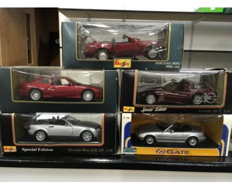 Five 1/18 scale diecast models by Maisto and Gate, includes 2 x Mercedes Benz, and a BMW. Appear overall VG and boxed. 