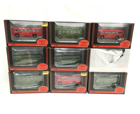 Nine EFE Exclusive First Editions 1/76 scale London Transport buses, includes #23310 AEC RF Bus London Country (Route 366). M