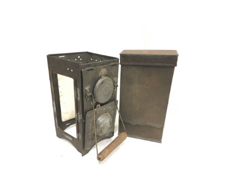 World War I Folding Trench Lamp Candle Lantern, contained in original metal tin. Height 21cm. 