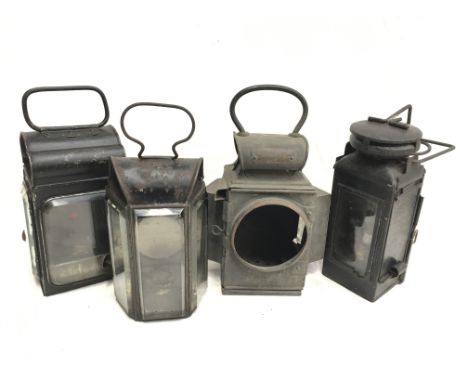 Four assorted lanterns, includes J.&R. Oldfield Ltd. (Birmingham) 'Dependence' traction engine lamp, height 25cm (for restora