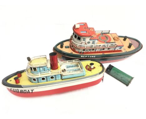 Masudaya (Japan) 'Neptune' tinplate boat: battery operated model with two-tier superstructure and tinprinted detail, length 3