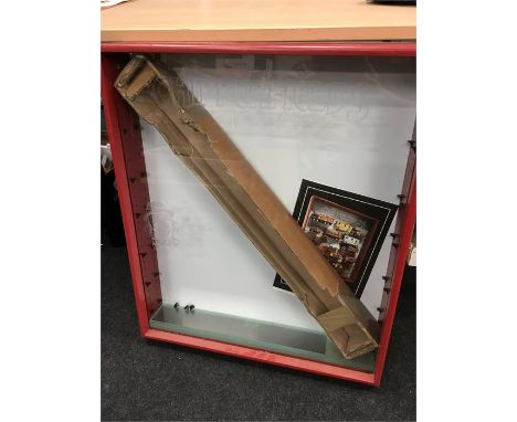 Corgi The Chipperfields Collection Display Cabinet: red painted wooden cabinet with hinged door to front, etched glass 'The C