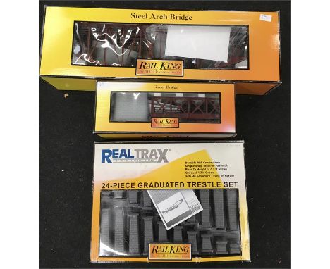 MTH Rail King 0 Gauge 40-1031 Steel Arch Bridge, 40-1032 Girder Bridge and 40-1033 Trestle Support. Suitable for UK, European