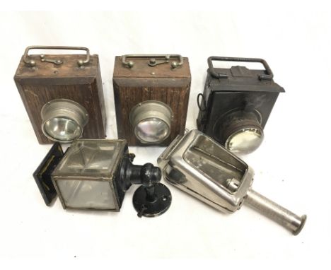 Selection of assorted lamps: 2 x Ever Ready wooden cased torch, height 13cm; metal battery operated torch, height 11cm (rusty