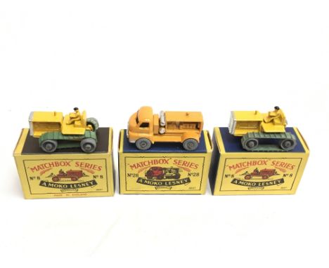Three Moko Lesney Matchbox 1-75 regular wheels models: 28 Bedford Compressor (VG); 2 x 8 Caterpillar Tractor (one G+, the oth
