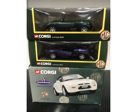 Three Corgi 1/18 scale MGF models: Donnington September 2nd & 3rd 1995; 46601 MGF Open Top, Amaranth; 95102 MGF Open Top, Met