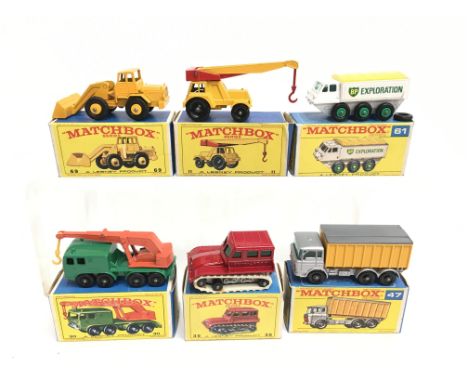 Six Lesney Matchbox 1-75 regular wheels models: 47 DAF Tipper Truck; 61 Alvis Stalwart; 11 Jumbo Crane; 30 8-Wheel Crane; 69 