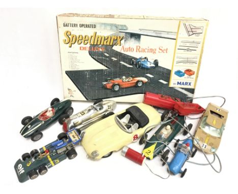 Marx Toys Speedmarx Auto Racing Set, comprising 2 x racing car, 2 x battery box and track. Appears G (one car with one tyre f