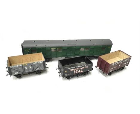 LAWRENCE Scale Models - 3 x scratch built Wagons and a Southern Railway Utility Van - J K Harrison 12T 8 Plank Wagon # 130 an