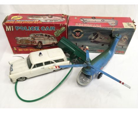 Marx Toys (Hong Kong) M1 Police Car: plastic battery operated remote controlled model, length 22cm. Appears G in F box. Toget