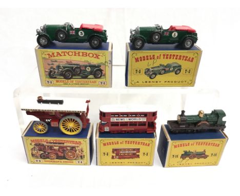 Five Lesney Matchbox Models of Yesteryear: Y3 'E' Class Tramcar; 2 x Y5 1929 4 1/2 Litre 'Blower' Bentley; Y14 GWR Duke of Co