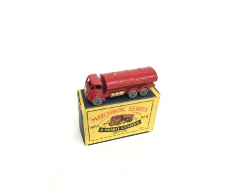 Moko Lesney Matchbox 1-75 regular wheels No.11 ERF Road Tanker, gold trim and large ESSO decal to rear. VG in VG box with min