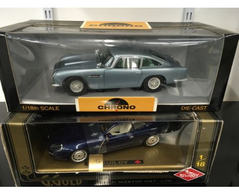 Two 1/18 scale Aston Martin models: Guiloy 67007 Aston Martin DB7; Chrono H1003 Aston Martin DB5 1963. Appear E/M and boxed. 