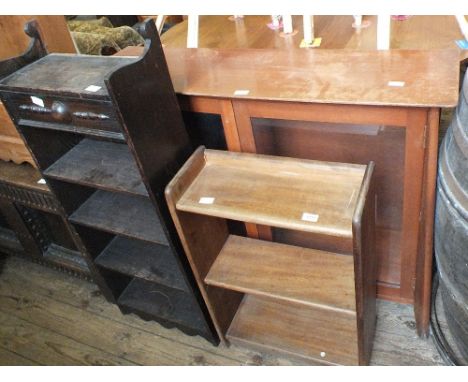 A two door glazed display cabinet and an oak four shelf bookcase, one other and a standard lamp