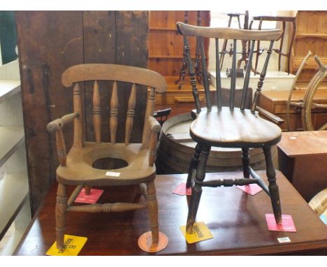 A child's stick back chair and a child's spindle back commode chair