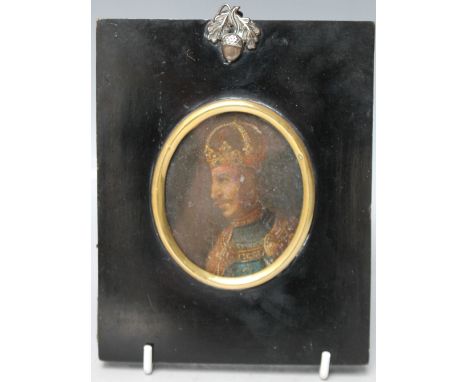 A 19TH CENTURY OVAL PORTRAIT MINIATURE OF AN EASTERN EUROPEAN PRINCE, unsigned, oil on metal, framed and glazed, 7 x 6 cm