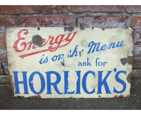A VINTAGE ENAMEL 'HORLICKS' ADVERTISING SIGN, with slogan 'Energy is on the Menu Ask for Horlicks', 35.5 x 61 cm A/F