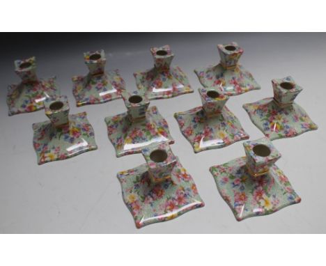 A COLLECTION OF ROYAL WINTON CHINTZ 'MARION' PATTERN CERAMIC SQUAT CANDLESTICKS (10)