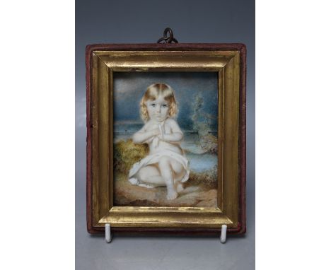 A 19TH CENTURY PORTRAIT MINIATURE ON IVORY OF JAMES DIGBY LEGARD, as a young boy holding a dove, lake in background, see insc