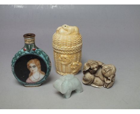 AN ORIENTAL HAND PAINTED ENAMEL&nbsp;SNUFF BOTTLE, lacking stopper, H 6 cm, together with a figural netsuke, a carved jade ty