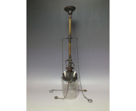 A LATE 19TH / EARLY 20TH CENTURY CEILING GAS LAMP, with clear and etched glass shade, overall L 55 cm
