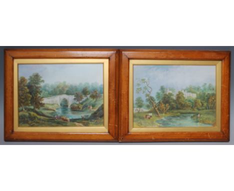 A PAIR OF LATE 19TH / EARLY 20TH CENTURY CERAMIC PLAQUES, rural river landscapes, 'Old Bridge ?? Don' and 'Haddon Hall,  Derb