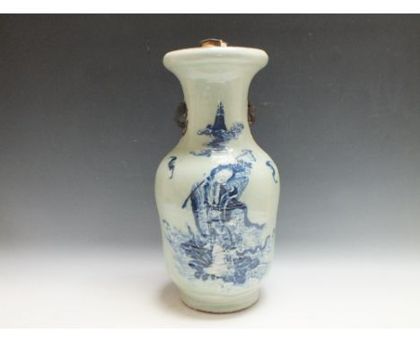 A LARGE BLUE AND WHITE VASE, with lamp conversion, having twin applied character handles, character mark to base, H 48 cm