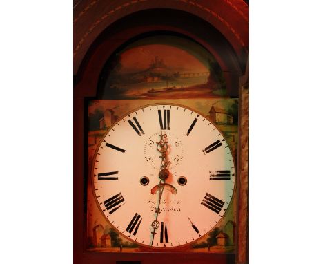 A 19TH CENTURY INLAID EIGHT DAY LONGCASE CLOCK, the painted face with arched dial, subsidiary seconds dial and date aperture,