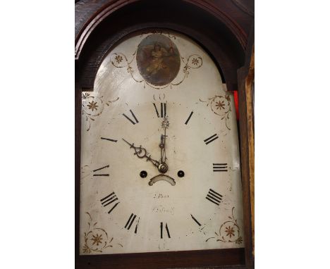 A 19TH CENTURY OAK EIGHT DAY LONGCASE CLOCK, the painted face with subsidiary seconds dial, makers name J. Burn, the case wit