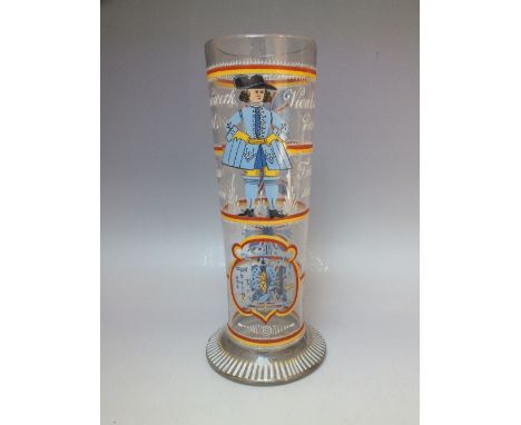 A 19TH CENTURY GERMAN HAND PAINTED CLEAR GLASS VESSEL, of conical form with outswept base, the hand painted decoration with f