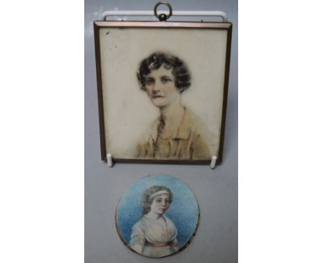 A 19TH CENTURY OVAL PORTRAIT MINIATURE ON IVORY OF A WOMAN IN A WHITE DRESS AND HAIR BAND, unsigned, unframed, 7 x 6 cm, toge