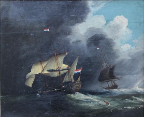 DUTCH SCHOOL (LATE 18TH CENTURY). Stormy seascape with ships, oil on board, gilt framed, 27 x 33 cm