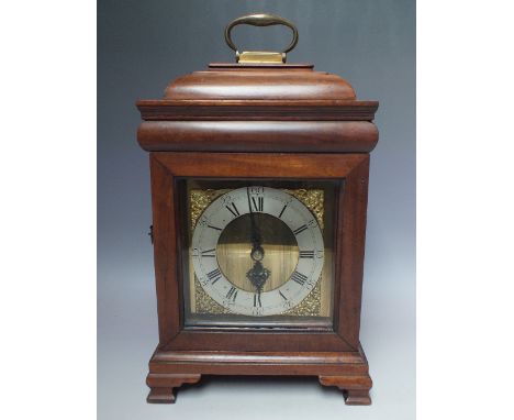 A MAHOGANY CASED SINGLE FUSEE ENGLISH BRACKET CLOCK, having square brass lacquered dial with angelic brass spandrels,steel fi
