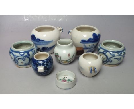 A COLLECTION OF ORIENTAL CERAMIC BIRD CAGE FEEDERS, of varying form and size, all with hand painted decoration, tallest H 5.5