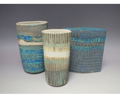 SARAH PERRY (XX). A collection of three matt glazed studio pottery vessels, comprising a grid eclipse, a seascape oval and a 