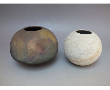 STUDIO POTTERY - two 20th century globe shaped vases, textured matt finish, the larger with metallic effect to the lower half
