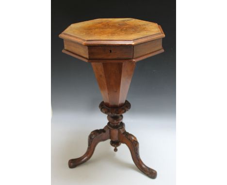 A VICTORIAN WALNUT TRUMPET SHAPED WORK TABLE, the hinged lid opening to a fitted interior, raised on a carved tripod support,