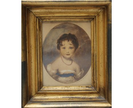 A 19TH CENTURY OVAL PORTRAIT MINIATURE OF A YOUNG GIRL AFTER SIR THOMAS LAWRENCE, watercolour over a print base, framed and g