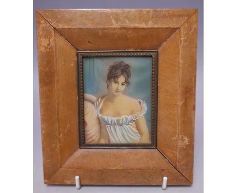 R ?; A late 19th / early 20th century miniature portrait study of a young woman sitting on a chair, signed middle to lower ri