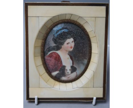 AFTER ROMNEY, a 20th century oval portrait miniature on ivorine, Lady Hamilton, see verso, unsigned, framed in a decorative b