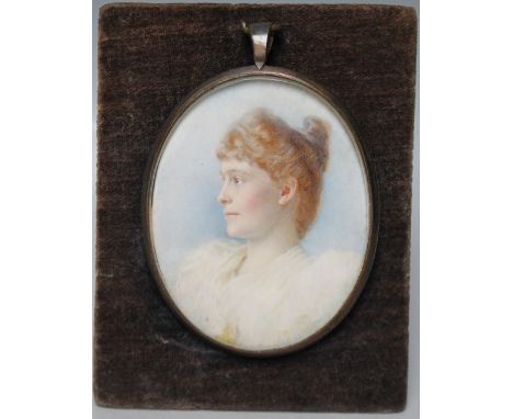 A 19TH CENTURY OVAL PORTRAIT MINIATURE OF A YOUNG WOMAN IN WHITE DRESS, unsigned, watercolour on ivory, framed and glazed, 8 