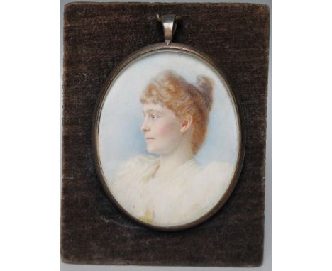 A 19TH CENTURY OVAL PORTRAIT MINIATURE OF A YOUNG WOMAN IN WHITE DRESS, unsigned, watercolour on ivory, framed and glazed, 8 